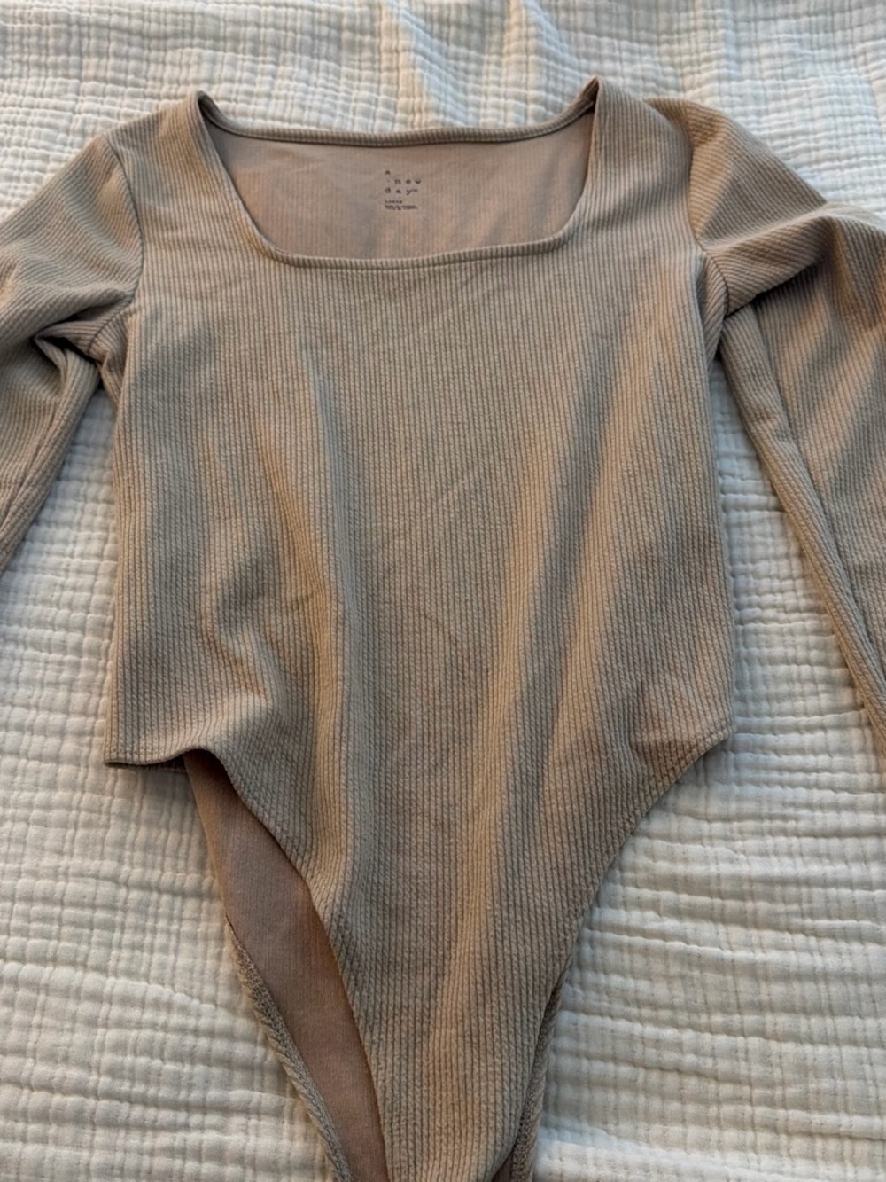a new day Ribbed Square-Neck Long-Sleeve Bodysuit in Taupe